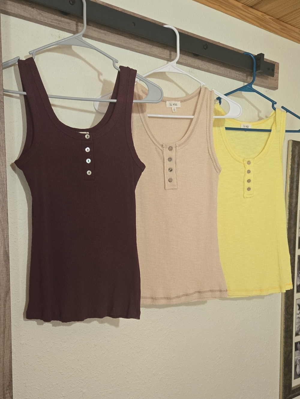 Pre-loved LA MIEL Ribbed Henley Tank Trio - Burgundy, Cream & Yellow